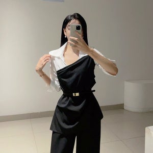 포어드 사선 셔츠 배색 점프수트