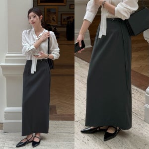 봄 하객룩 벨트 스커트 h라인 뒷트임 숏/롱기장 빅사이즈 키큰여자 맥시 정장치마 차콜