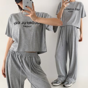 여성 루즈핏 투데이 크롭 반팔티+팬츠 상하의 세트 트레이닝세트