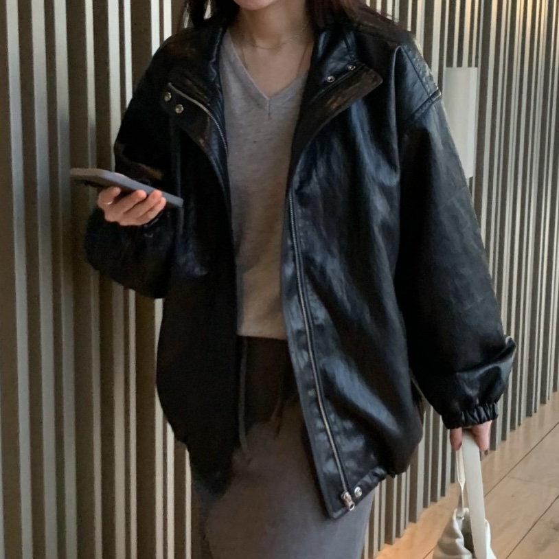[블랙당일] 플라넬 레더 블루종 페이크레더 가죽 하이넥 집업 점퍼 fllanel