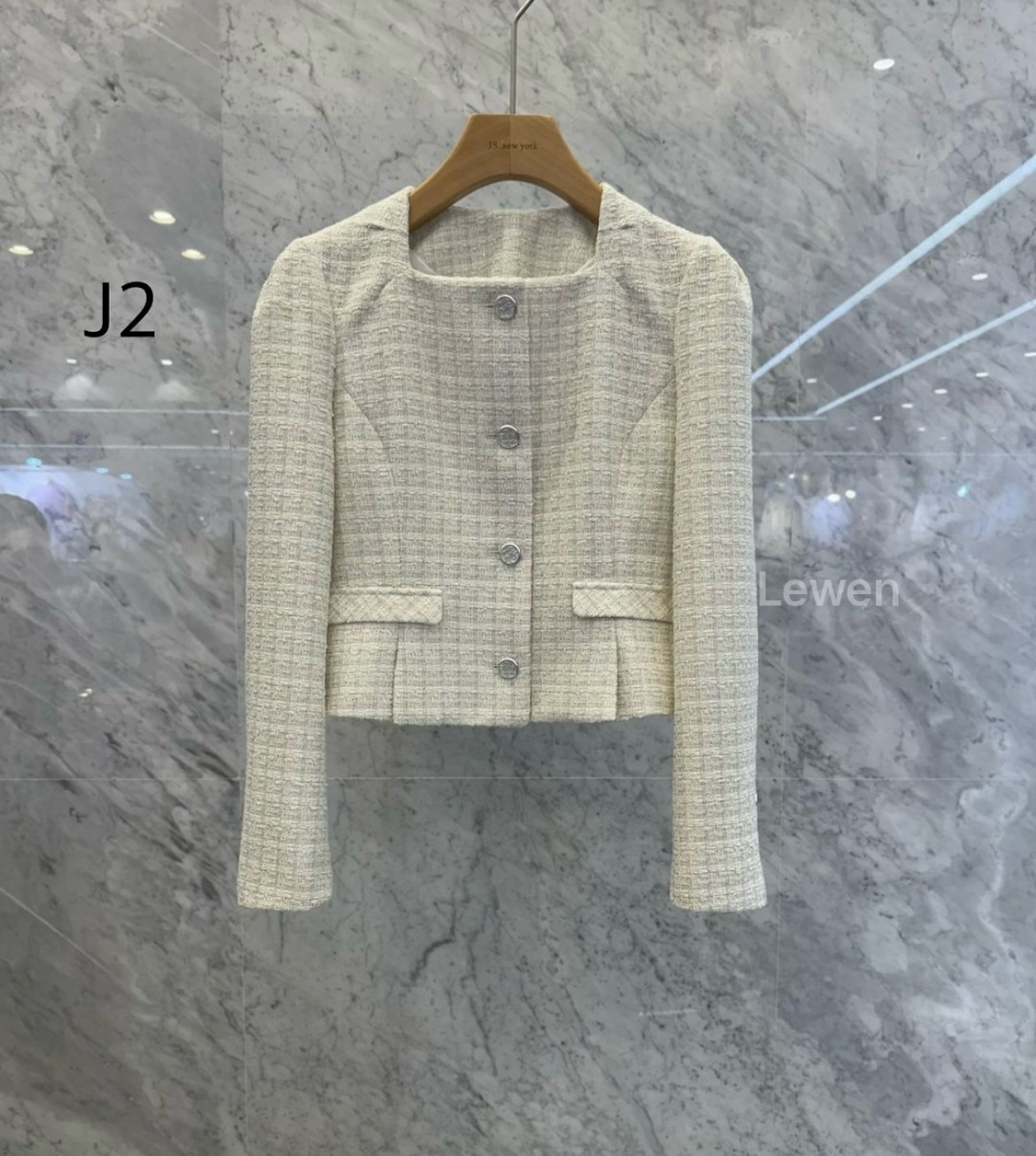 JS뉴욕 J2 아이보리 스퀘어넥 퍼프 핀턱 허리 라인 트위드 크롭 숏 자켓 제이에스뉴욕
