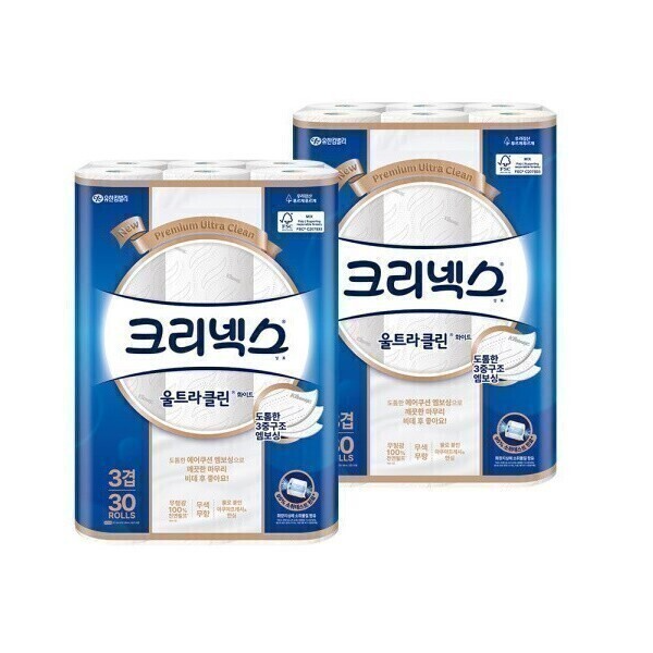 크리넥스 3겹 울트라클린 화이트 25MX30롤+30롤 (22,200원) (무료)