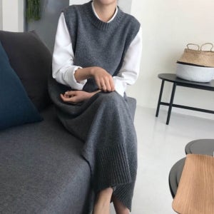 차콜 그레이 조끼 레이어드원피스 회색 66 77사이즈원피스