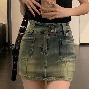 크레스티 럭셔리 숏 데님 슬림핏 더블버튼 스커트