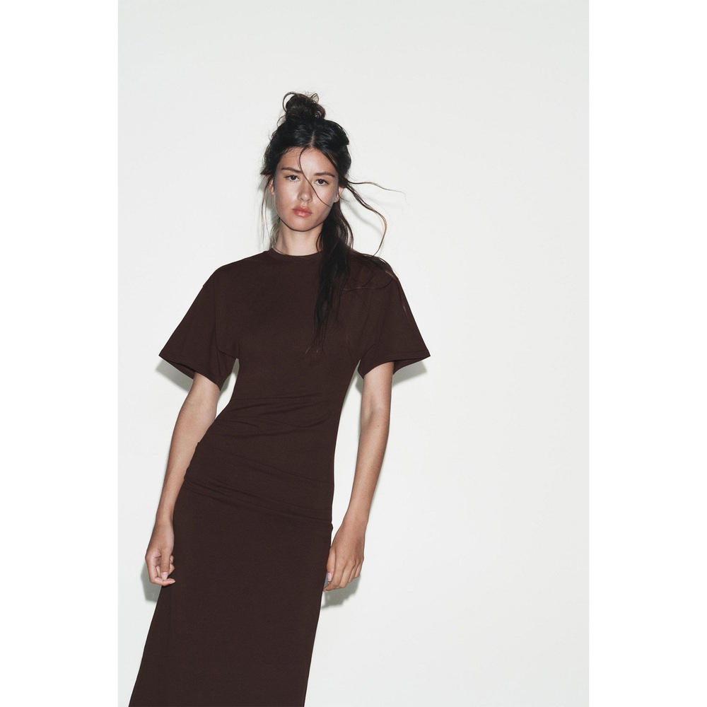 ZARA 자라 여성 라운드넥 플리츠 롱 원피스 라운드넥 슬림 드레이프 드레스 여름 데일리