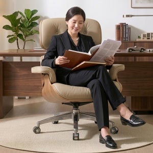 전동 리클라이너 임원 중역 의자 사무용 침대형 안락의자 천연소가죽 베이지