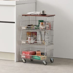 미슐랙 우드상판 와이어 바스켓 트롤리 3단 주방 이동식 선반 팬트리 정리 카트