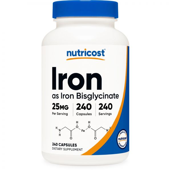 Nutricost <b>뉴트리코스트 철</b> 비스글리시네이트 보충제 25mg 240캡슐 글루텐 프리 131130