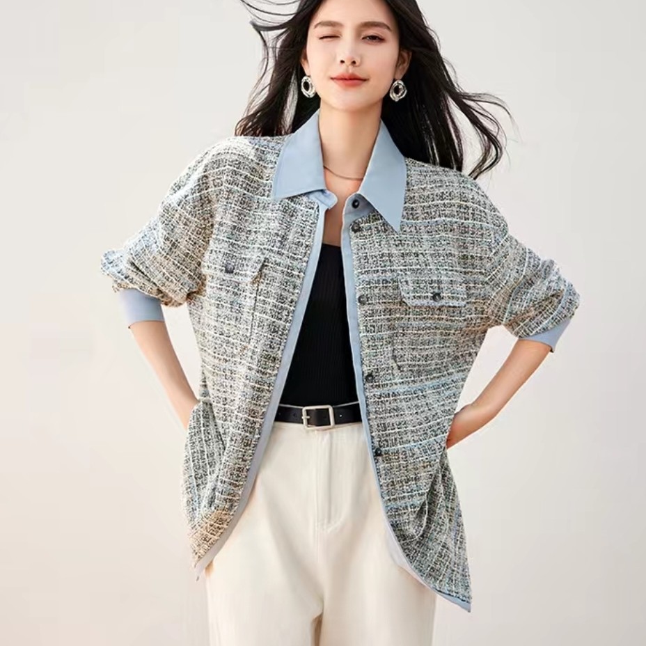 다바럽 루즈핏 블루 그레이 트위드 셔츠 자켓