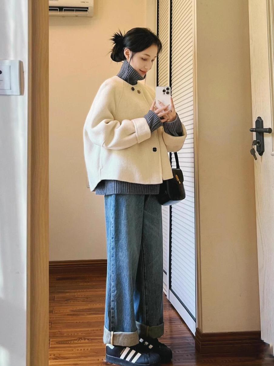 울코트 시밀러룩 숏코트 하프코트 핸드메이드 노카라 베이지화이트 XS