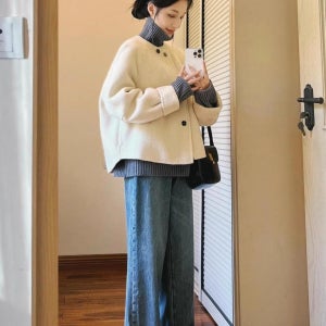 울코트 시밀러룩 숏코트 하프코트 핸드메이드 노카라 베이지화이트 XS