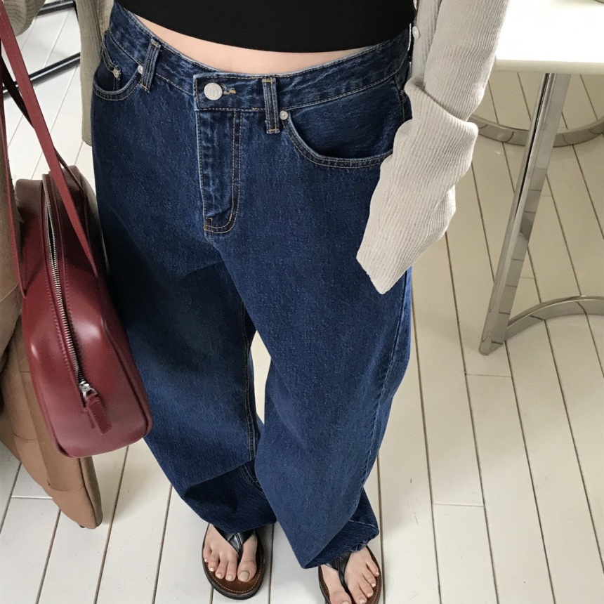 베르가못 미드블루 스트레이트 데님 팬츠 코튼 와이드 중청 청바지
