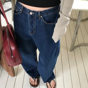 베르가못 미드블루 스트레이트 데님 팬츠 코튼 와이드 중청 청바지