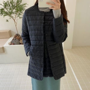 빅사이즈 웰론 퀼팅 똑딱이 라운드넥 슬림핏 나일론 경량 패딩 캐주얼룩 ~5XL 자체제작