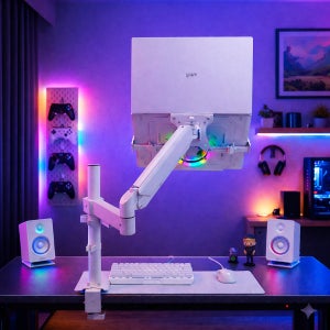 마운트뷰 싱글 모니터암+노트북 쿨링 거치대 화이트 세트 고중량 폴타입 모니터 게이밍 쿨러