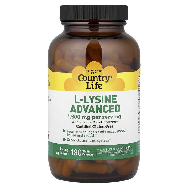 <b>Country Life</b>, L-Lysine, Advanced, 180 Vegan Capsules
