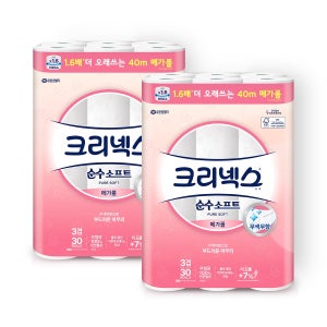 크리넥스 순수소프트 메가롤 40m 30롤 2팩 화장지 무형광 먼지없는 집들이 두루마리