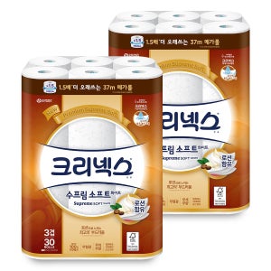 크리넥스 수프림소프트 3겹 화장지 37m x 30롤 2팩 무형광 먼지없는 집들이 두루마리