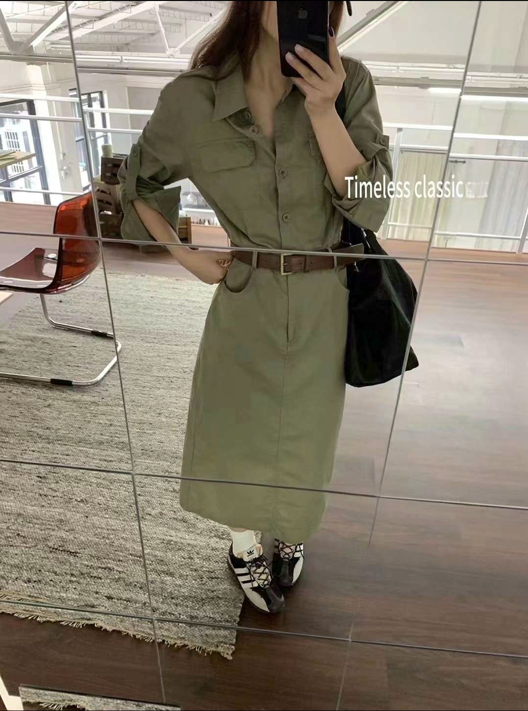 벨트포함 롤업 사파리 셔츠 원피스 코튼 원피스 포켓 데일리룩 롱