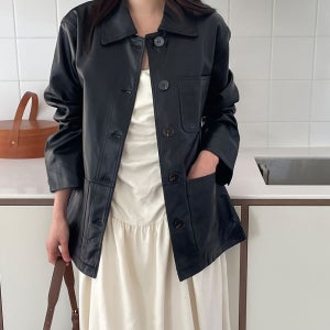 싱글 포켓 카라넥 오버핏 레더 여성 가죽 자켓 하프 여자 자켓 봄 블랙 브라운