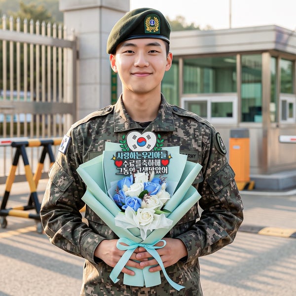 군인 군대 훈련소 육군 해병대 수료식 비누꽃다발 토퍼 전역 임관 진급 10송이 블루