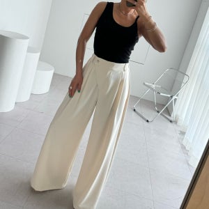 보니따스 멜팅 주름 와이드 팬츠 핀턱 바지 뒷밴딩 슬랙스/ 연베이지 블랙