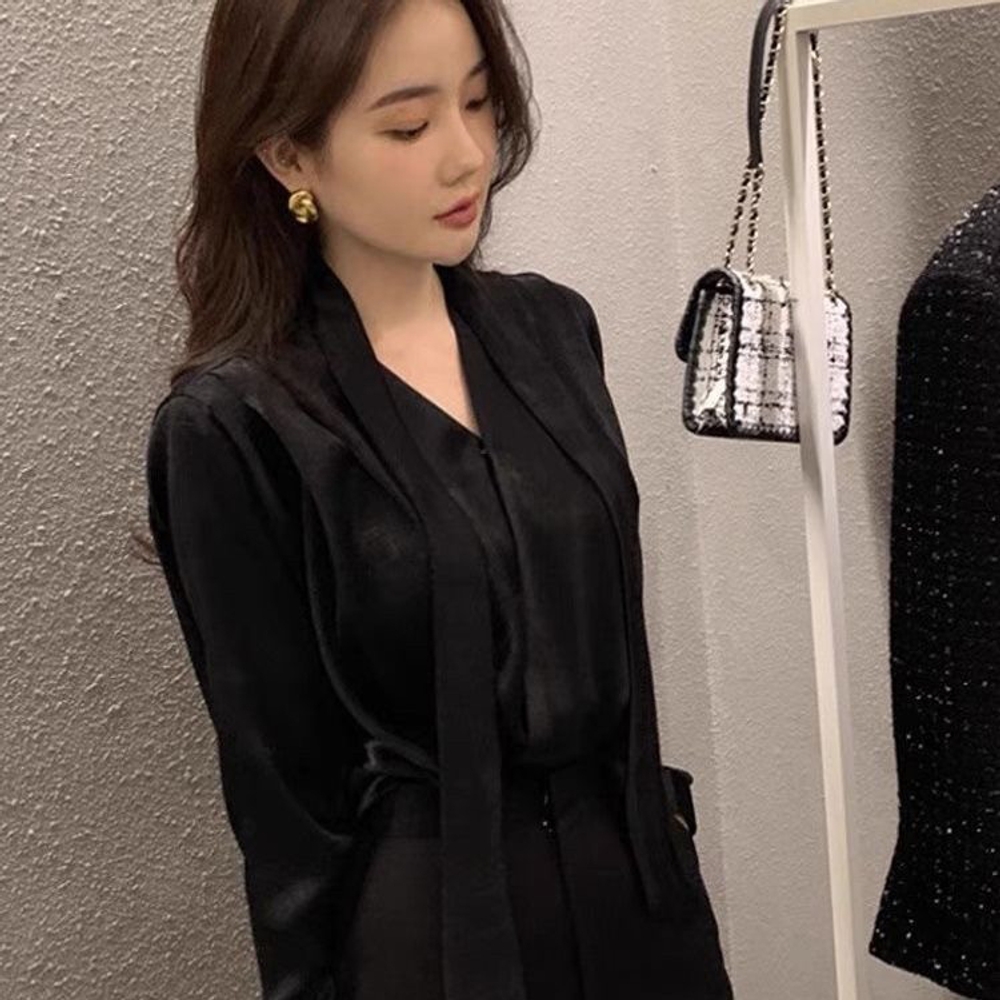 여성 타이넥 새틴 실크 긴팔 블라우스 하객룩 오피스룩 검은색 XS