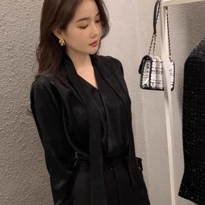 여성 타이넥 새틴 실크 긴팔 블라우스 하객룩 오피스룩 검은색 XS