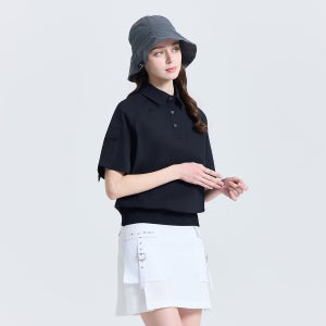여성 모노엣지 소매 포켓 카라 반팔 우븐탑 블랙