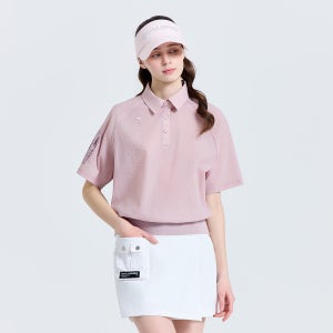 여성 모노엣지 소매 포켓 카라 반팔 우븐탑 핑크