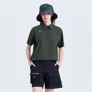여성 베이직 소매포켓 카라 반팔 우븐탑 카키