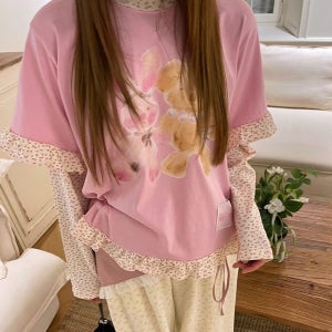 [미미의사치] 레이스 플로럴 페이크 스몰 래빗 긴팔 티셔츠