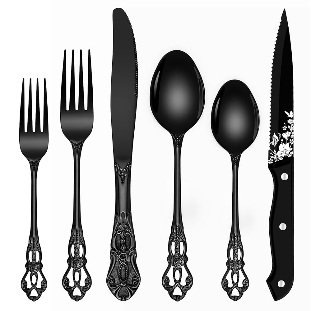 블랙 실버웨어 세트 8인용, 올렉스 48 PCS 레트로 로얄 실버웨어 플랫웨어 세트, 블랙 스푼 포크 나이프 세트, 미러 폴리싱 스테인리스 빈티지 식기 세트, 식기세척기 안전