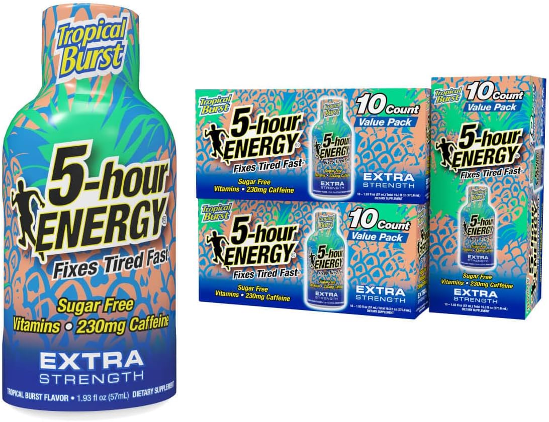5시간 에너지 <b>샷 추가</b> 강도 열대성 폭발 맛 30 카운트 1.93 Fl Oz 무설탕 제로 칼로리 아미노산 및 필수 비타민 B 식이 보충제 각성 활력 카페인 230mg