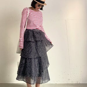 보니따스 호피 캉캉 롱 스커트 레오파드 밴딩 플레어 치마/ 그레이