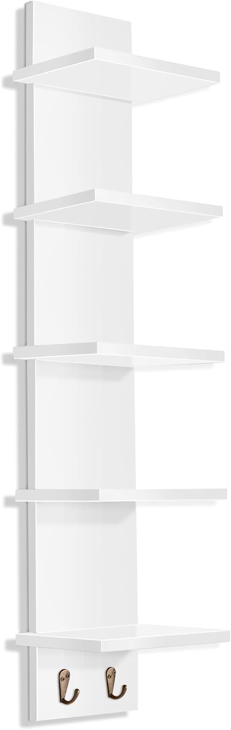 후크가 달린 <b>소버스</b> 5단 벽 선반 유닛 홈 데코 및 수납 정리함을 위한 수직 기둥 유틸리티 욕실 수납을 벽걸이형 플로팅 침실 거실 White 1 Pack