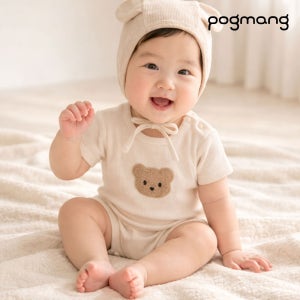 포그망 순면 바디수트 보넷 세트 보넷모자 곰 반팔 우주복 실내복 신생아 백일 남아 여아