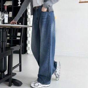 커브드 와이드 벌룬핏 뒷밴딩 데님 팬츠