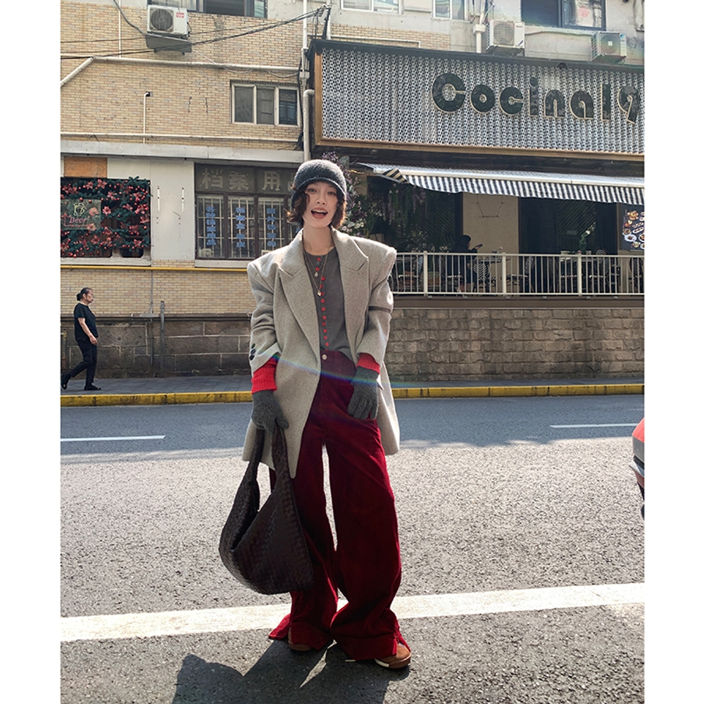 골덴와이드팬츠 레드 코듀로이 와이드 팬츠