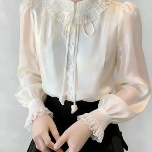 플리츠카라 레이스 리본 오간자 셔링 여성블라우스 봄 출근룩 하객룩 여신상의