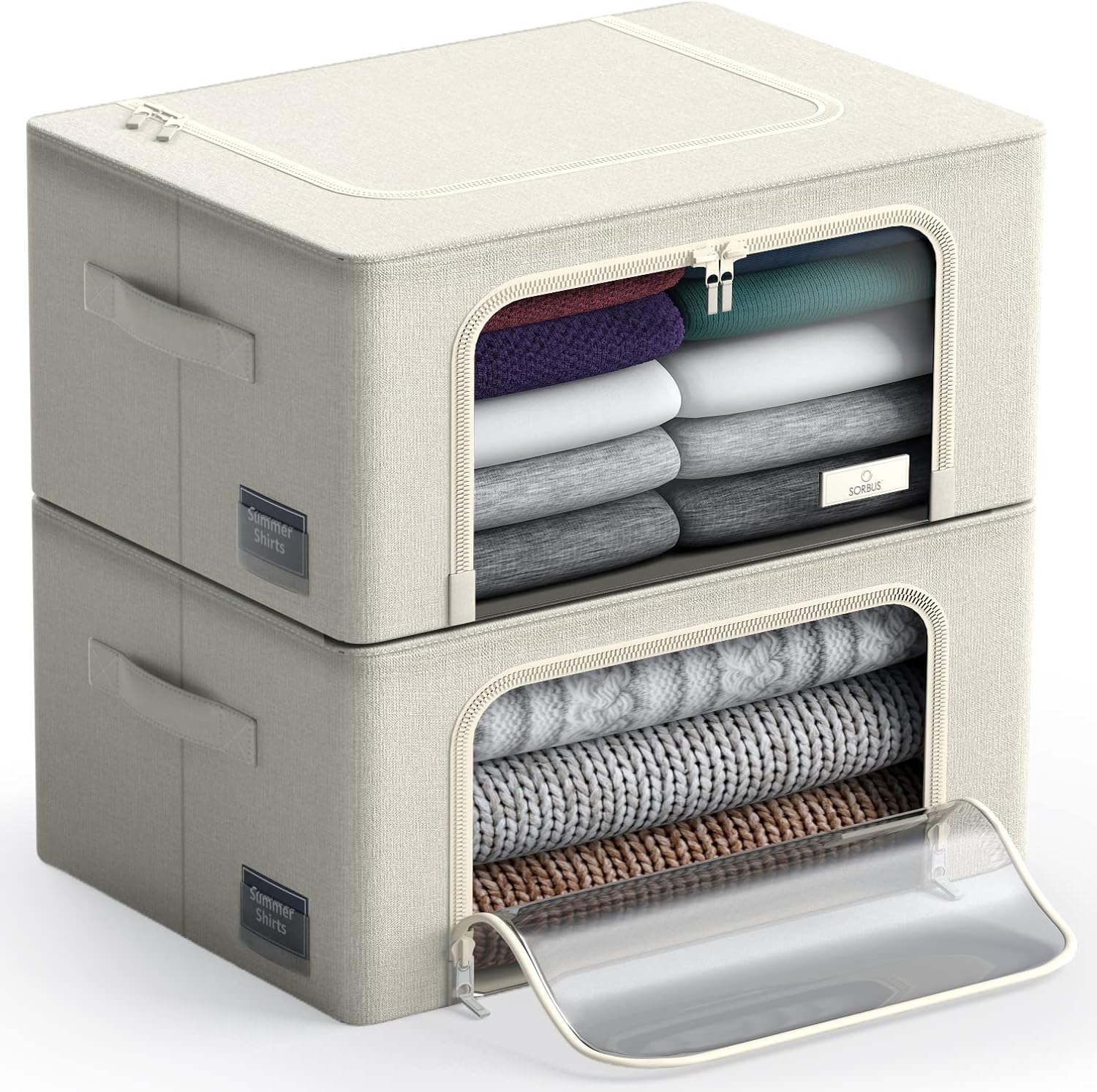 금속 프레임이 있는 <b>소버스</b> 보관함 - 쌓을 수 있고 접을 옷 정리 가방 큰 투명 창과 휴대용 손잡이가 옥스포드 패브릭 보관 용기 침구 및 린넨을 위한 침실 Beige 2 Pack