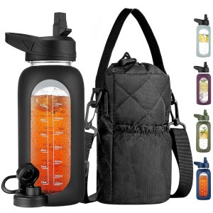 빨대와 단열 병 홀더 슬링이 있는 CIVAGO 32 유리 물병 타임 마커와 실리콘 슬리브 32 Ounces Bla