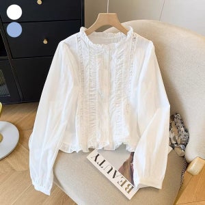 레이스 엣지 펀칭 디테일 롱슬리브 셔츠 여자 빅사이즈 셔츠