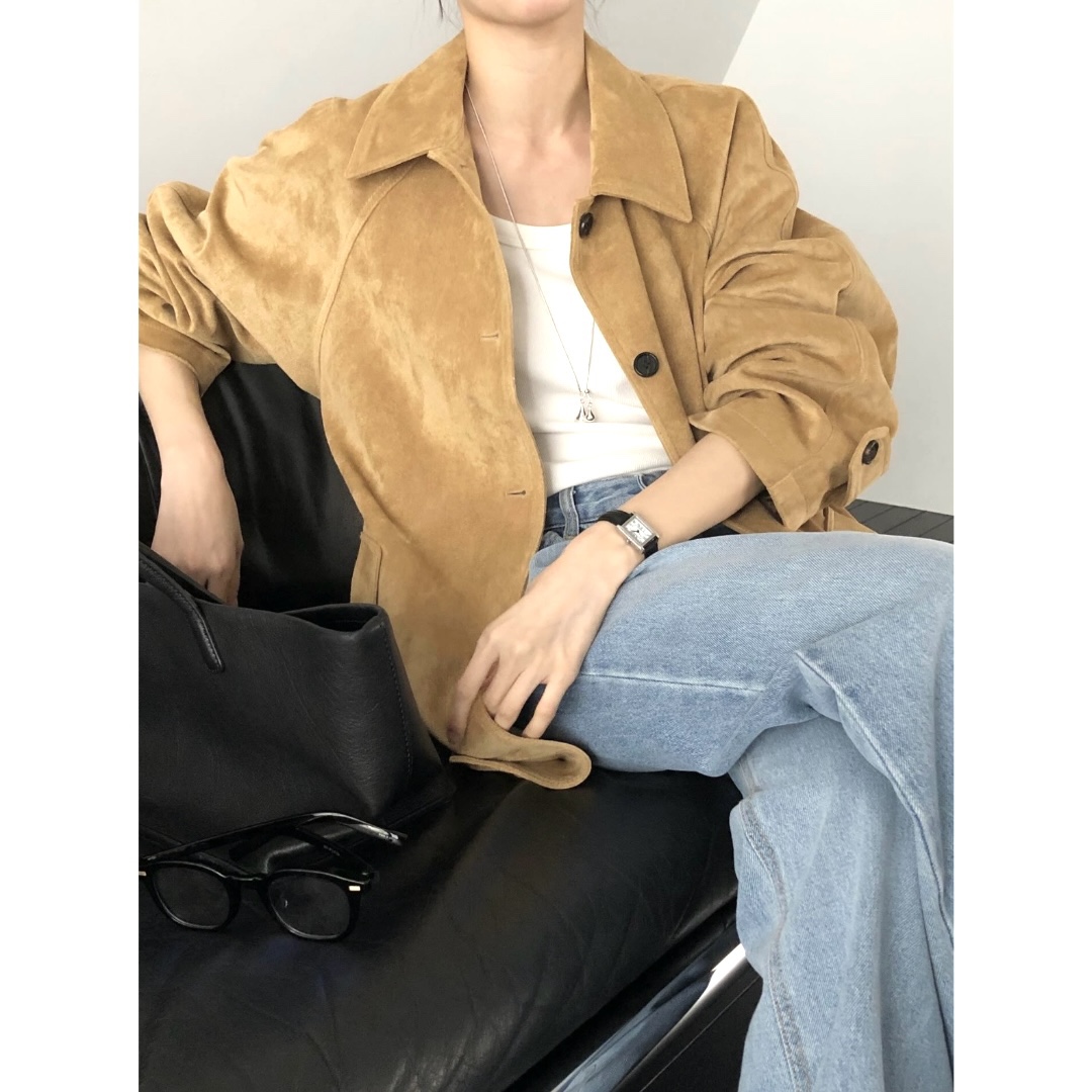 [ 스웨이드 미디 하프 싱글 트렌치 코트 ] 자켓 베이지 브라운 카키 롱 오버사이즈 루즈핏 단추 카라 허리 벨트 리본 나그랑 봄 간절기 아우터