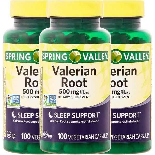 발레리안 루트 습관 <b>스프링 밸리</b> 500mg 비건 캡슐 (발레리아나 오피시날리스) 100 카운트 (3팩)