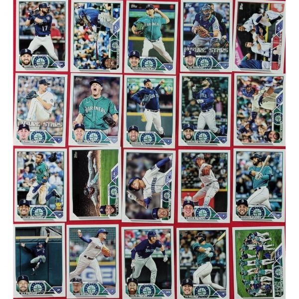 Topps 시애틀 매리너스 2023 탑스 훌리오 로드리게스 JP 크로포드 플러스와 함께 칼 롤리 퓨처 스타 카드와 카드가 포함된 민트 핸드 콜레이티드 20장의 카드 팀 세트 완