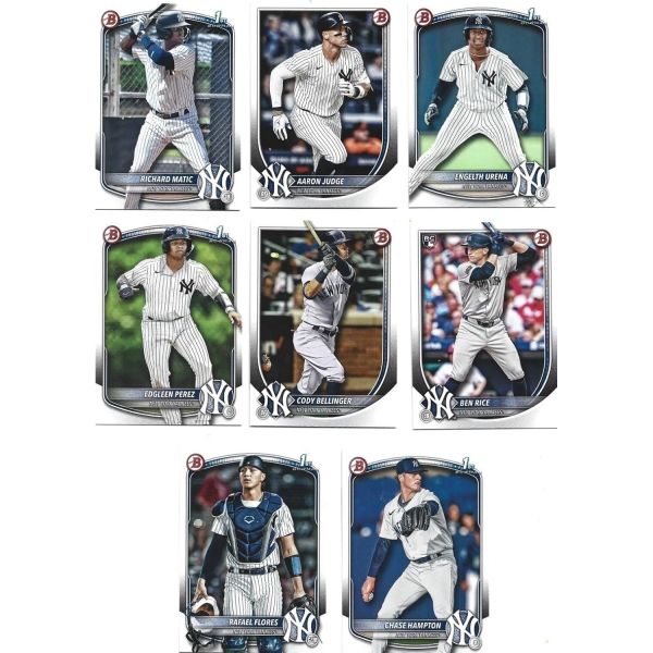 Topps Total 뉴욕 양키스 2025 보우먼 8 카드 팀 세트 아론 판사가 벤 라이스 루키 카드와 5가지 최고의 유망주 카드를 선보입니다