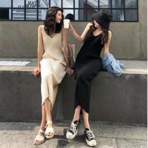 브이넥 골지 니트 나시 롱원피스 슬림핏 데일리룩