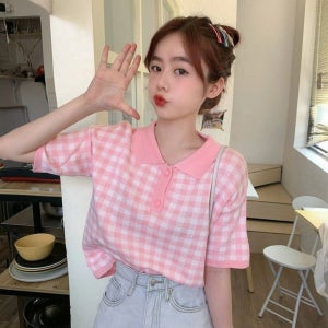 여성 카라티셔츠 체크포인트 반크롭 니트반팔티 귀욤