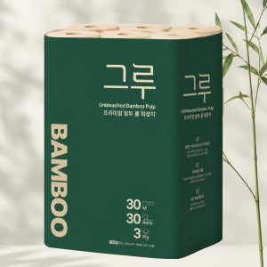 그루 대나무 휴지 먼지없는 무표백 두루마리 화장지 30m, 30롤, 1팩